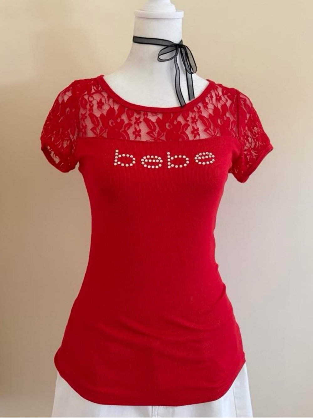 Vintage Y2K Bebe sheer lace rhinestone gem stud bling logo red fitted top shirt
